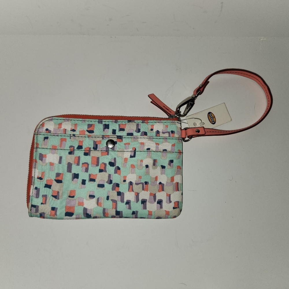 Fossil Key-Per Wristlet Zip Wallet NWT Canvas Teal Coral Geometric Mosaic Pouch